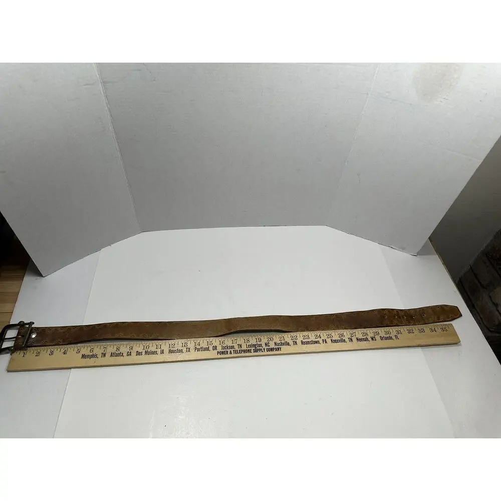 Leather Light Brown Leather Embossed Design Belt Brass Buckle Sz 38 See Pictures